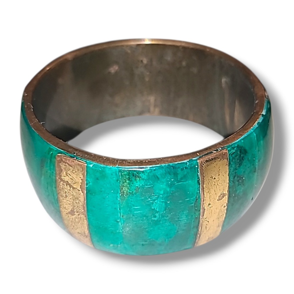 Vintage Chunky Brass Bangle Faux Malachite Green Resin Inlay Wide Cuff Bracelet